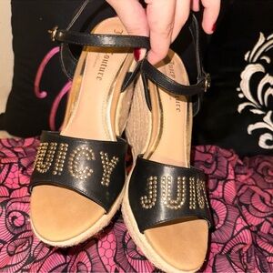 SOLD 
Juicy Couture Black and Gold Wedge Sandals